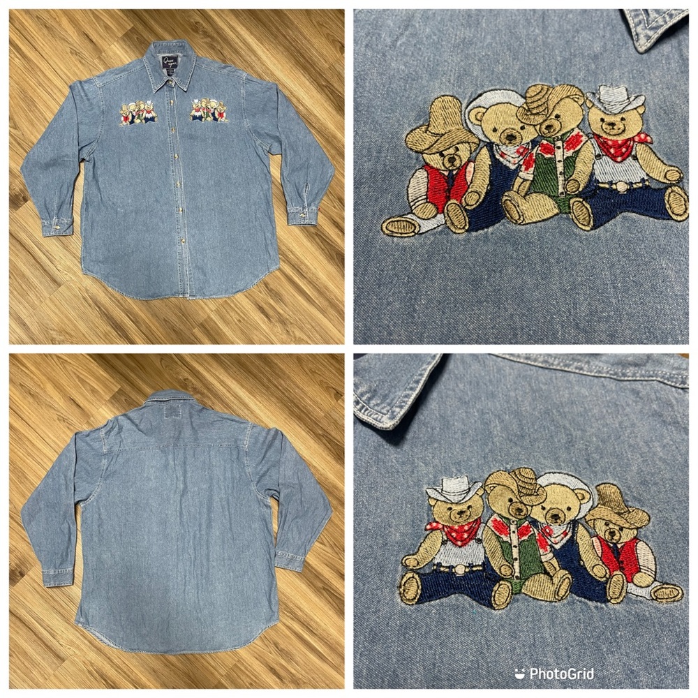 VTG 90s Let's Quizz Again NewYork Embroidered Western TeddyBears Chambray| Sz.XL